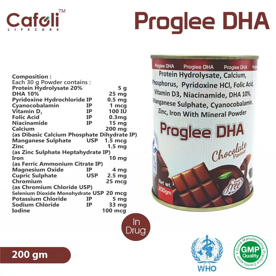 Proglee DHA Vanilla Flavour Protein Powder at the best price in PCD Pharma Franchise for Nutritional Supplement, Protein Supplementation.